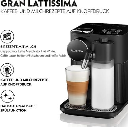 Кофемашина 1400 Вт с насадкой для вспенивания молока, черная Nespresso Gran Lattissima De'Longhi