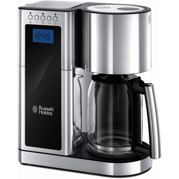 Цифровая кофеварка Russell Hobbs Elegance из нержавеющей стали, функция таймера, до 10 чашек, стекляннй чайник обемом 1,25 л, мощностью 1600 Вт, и тостер с длиннм шлицем из стекла/нержавеющей стали Elegance, в комплекте. Насадка для булочек, 1420 Вт, 2338