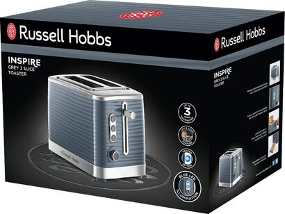 Тостер Russell Hobbs для 2 ломтиков Inspire серого цвета с всококачественной глянцевой текстурой (очень широкие прорези для тостов, в т.ч. Насадка для булочек, 6 ступеней подрумянивания функция размораживания и разогрева) 24373-56