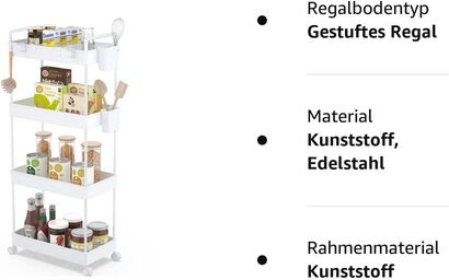 Тележка для хранения на колёсиках, 4 уровня, 22x40x86,5 см, белая Ronlap