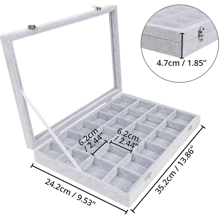 Шкатулка для украшений 35,2x24,2х4,7 см с 24 отделениями, серый бархат BELLE VOUS