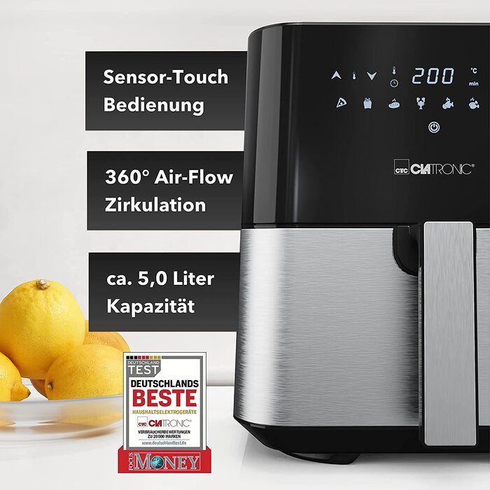 Фритюрница Clatronic XXL - 5L Фритюрница с горячим воздухом для жарки без жира, фритюрница из нержавеющей стали с цифровм сенсорнм краном, подача воздуха на 360, фритюрница с 8 программами, 1450 Вт - ПТ 3782 ч