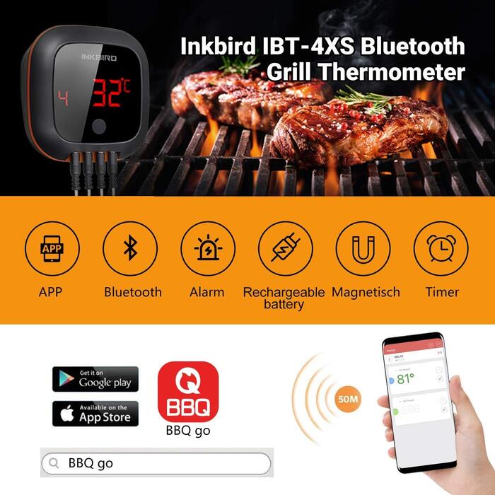 Магнитный термометр для мяса Inkbird Bluetooth IBT-4XS с 4-мя датчиками температуры, 1000 мАч