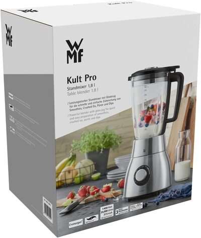 Настольнй миксер WMF Kult Pro, 25 000 об/мин, 1400 Вт, стеклянная емкость 1,8 л, мощнй миксер, функция приготовления смузи, дробления льда и интервала Один