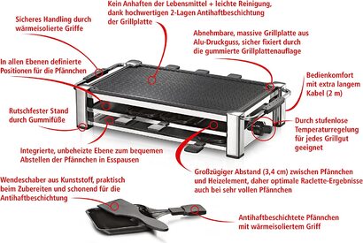 Гриль-раклетница ROMMELSBACHER RCC 1500 / 1500 Вт / на 8 человек / антипригарное покрытие / хром 