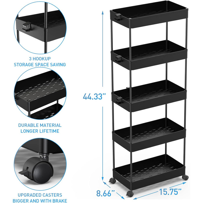 Тележка с 5 уровнями на колёсиках, 113 x 40 x 22 см, черная SPACEKEEPER