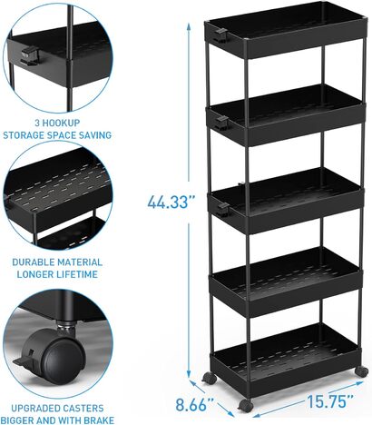 Тележка с 5 уровнями на колёсиках, 113 x 40 x 22 см, черная SPACEKEEPER