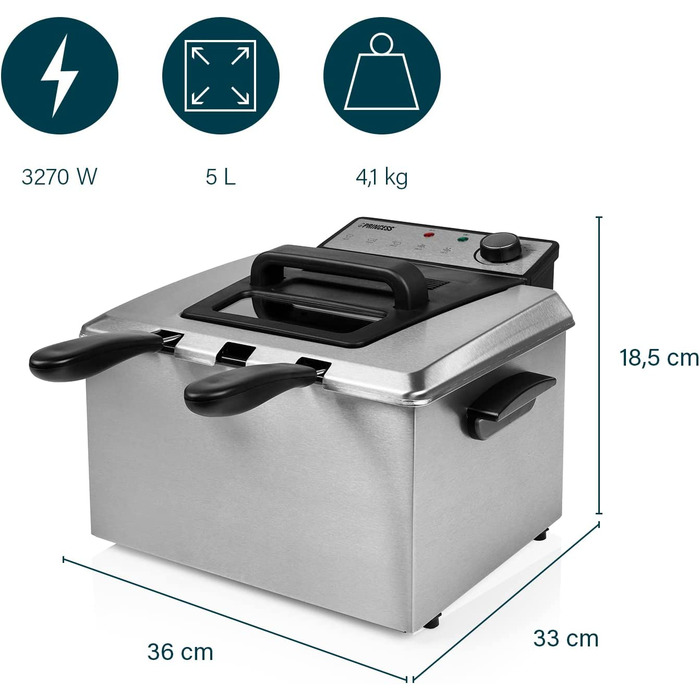 Фритюрница принцесс - 3270 Вт, 5 литров, Термостат, 3 корзин для фритюра, Холодная зона, 6-7 человек, 185000, Серй