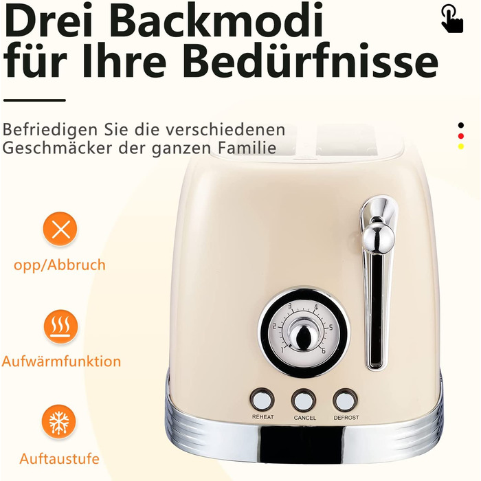Тостер Wiltal на 2 ломтика, тостер в стиле ретро, Тостер с насадкой для впечки, Тостер с кршкой из нержавеющей стали, функция предварительного нагрева, размораживания и прервания, таймер обратного отсчета, Бстрй тостер(кремово-белй)