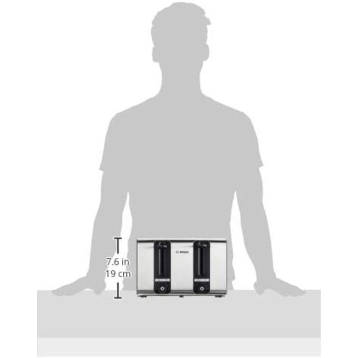 Тостер Bosch TAT7S45 с 4 слотами, с автоматическим отключением питания, с функцией размораживания, идеально подходит для 4 ломтиков тоста, широкий, подемнй, 1800 Вт, нержавеющая сталь / серй одиночнй
