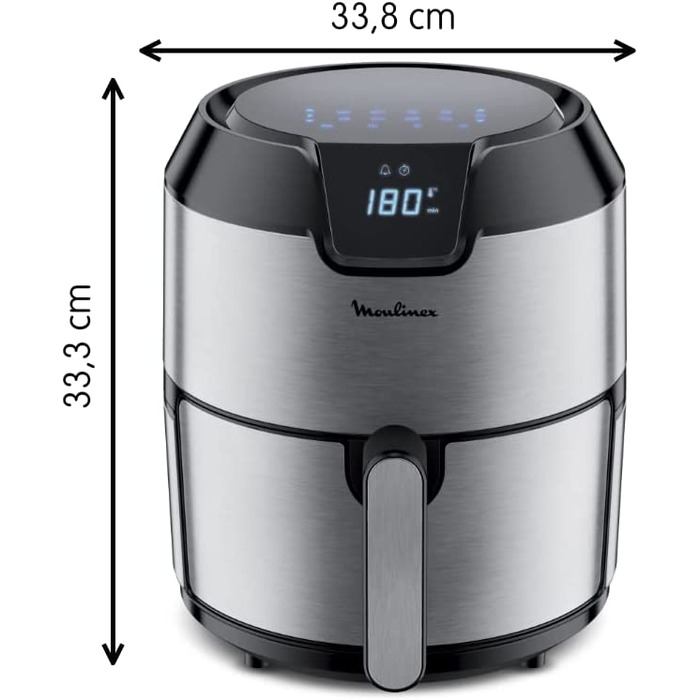 Фритюрница Moulinex Easy Fry Deluxe EZ401D без масла, с антипригарнм покртием, цифровой сенсорнй кран, 8 кулинарнх программ, здоровое питание, приложение 125 рецептов, сталь, 4,2 л, круглая нержавеющая сталь на 6 персон