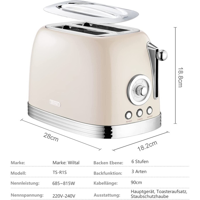 Тостер Wiltal на 2 ломтика, тостер в стиле ретро, Тостер с насадкой для впечки, Тостер с кршкой из нержавеющей стали, функция предварительного нагрева, размораживания и прервания, таймер обратного отсчета, Бстрй тостер(кремово-белй)