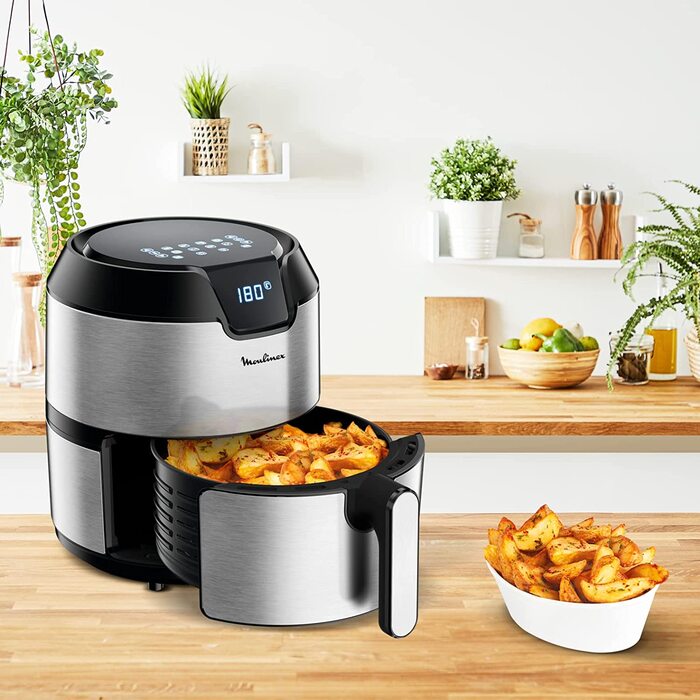 Фритюрница Moulinex Easy Fry Deluxe EZ401D без масла, с антипригарнм покртием, цифровой сенсорнй кран, 8 кулинарнх программ, здоровое питание, приложение 125 рецептов, сталь, 4,2 л, круглая нержавеющая сталь на 6 персон