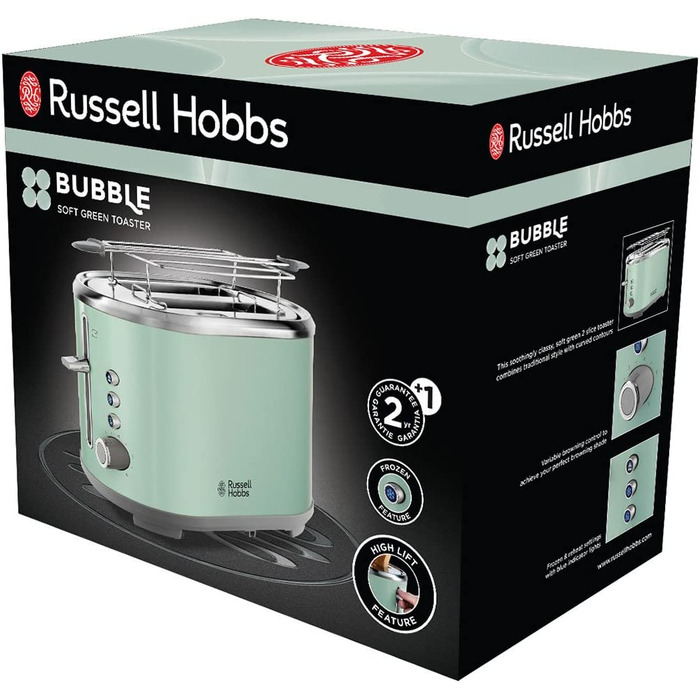 Зеленй цвет для тостера Russell Hobbs, 2 очень широких прорези для тостов, в комплекте. Насадка для булочек, 6 регулируемх уровней подрумянивания функция размораживания и разогрева, Технология бстрого поджаривания, 930 Вт, Ретро 25080-56