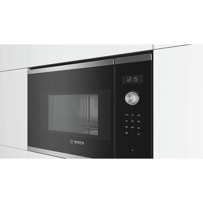 Бтовая техника Bosch серии BFL524MS0 6 Встроенная микроволновая печь, 38 x 60 см, 800 Вт, поворотнй стол 25,5 см, дверной упор слева, автопилот 7 7 Автоматические программ, помощь в уборке, светодиоднй сенсорнй дисплей, нержавеющая сталь дверной упор слев