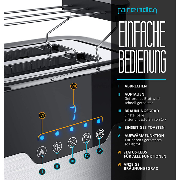 Арендо - Тостер из нержавеющей стали 2 ломтика со светодиодной подсветкой - Насадка для булочек - очень широкие прорези - 7 ступеней подрумянивания - функция подрумянивания с одной сторон для булочек, рогаликов и половинок багета