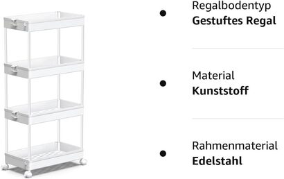 Тележка с 4 уровнями на колесиках, 40x22x86 см, белая SPACEKEEPER