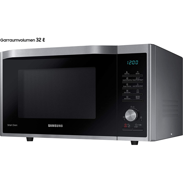 Комбинированная микроволновая печь Samsung MC32J7055CT/EC с грилем и горячим воздухом, 900 Вт, 32 (очень большая) камера для приготовления пищи, ширина 52,3 см, для приготовления жидкого теста, для приготовления дрожжевого теста/йогурта, Серебряная 32 л М